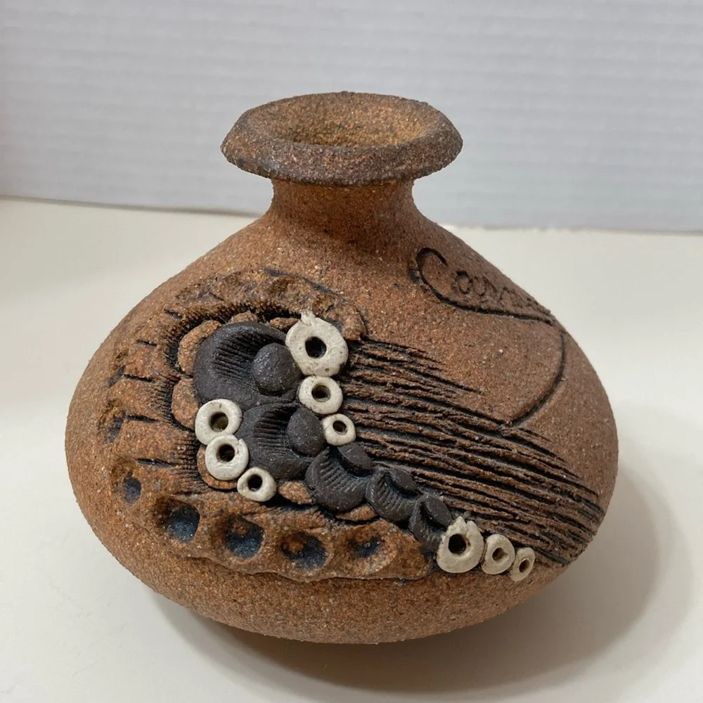 Vintage 1980 SJT Carma Sand Pottery Lamp Vase Folk Art Hand Made Brown Signed